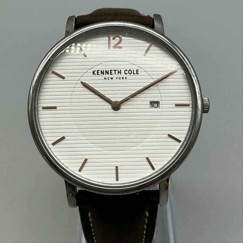 Kenneth Cole KC50950003 Mens Watch 42mm White Dial Brown Leather New Battery